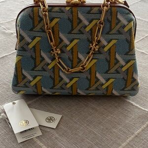 Tory Burch Geometric Blue and Yellow Needlepoint Shoulder Bag